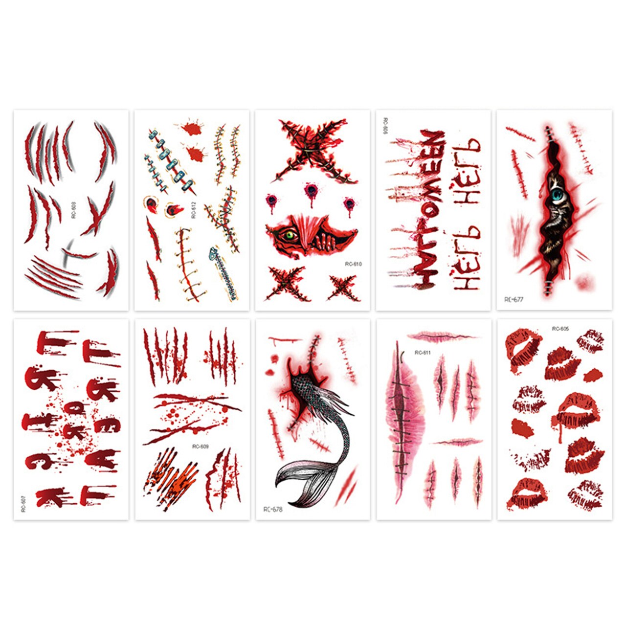10Pcs Halloween Tattoo Stickers Scar Temporary Cosplay Body Art Decal Kids Easter Finger Realistic Pattern Spooky